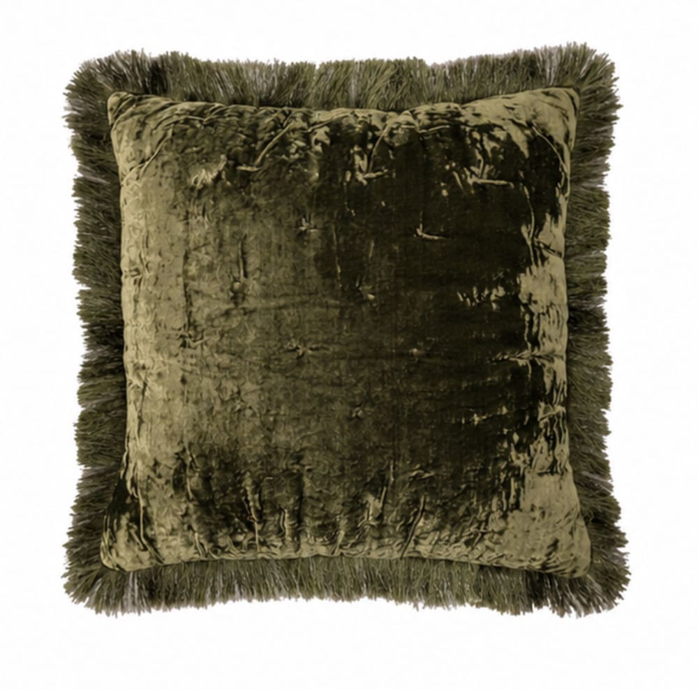 Cojín terciopelo satinado capitoné verde oliva flecos 50x50 cm - Maisons du Monde