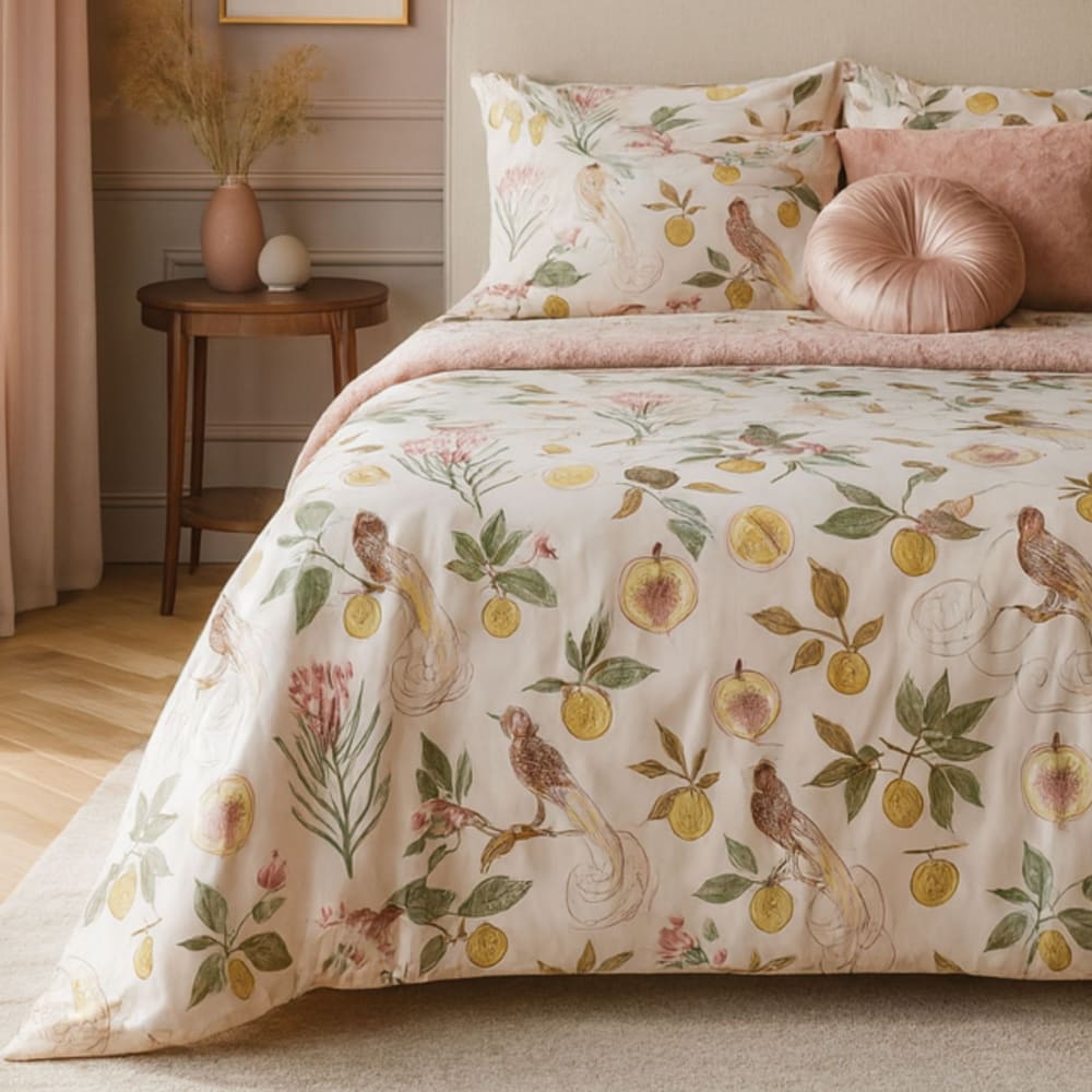 Funda nórdica 2 piezas 100% algodón pájaros fruta rosa cama 90 cm