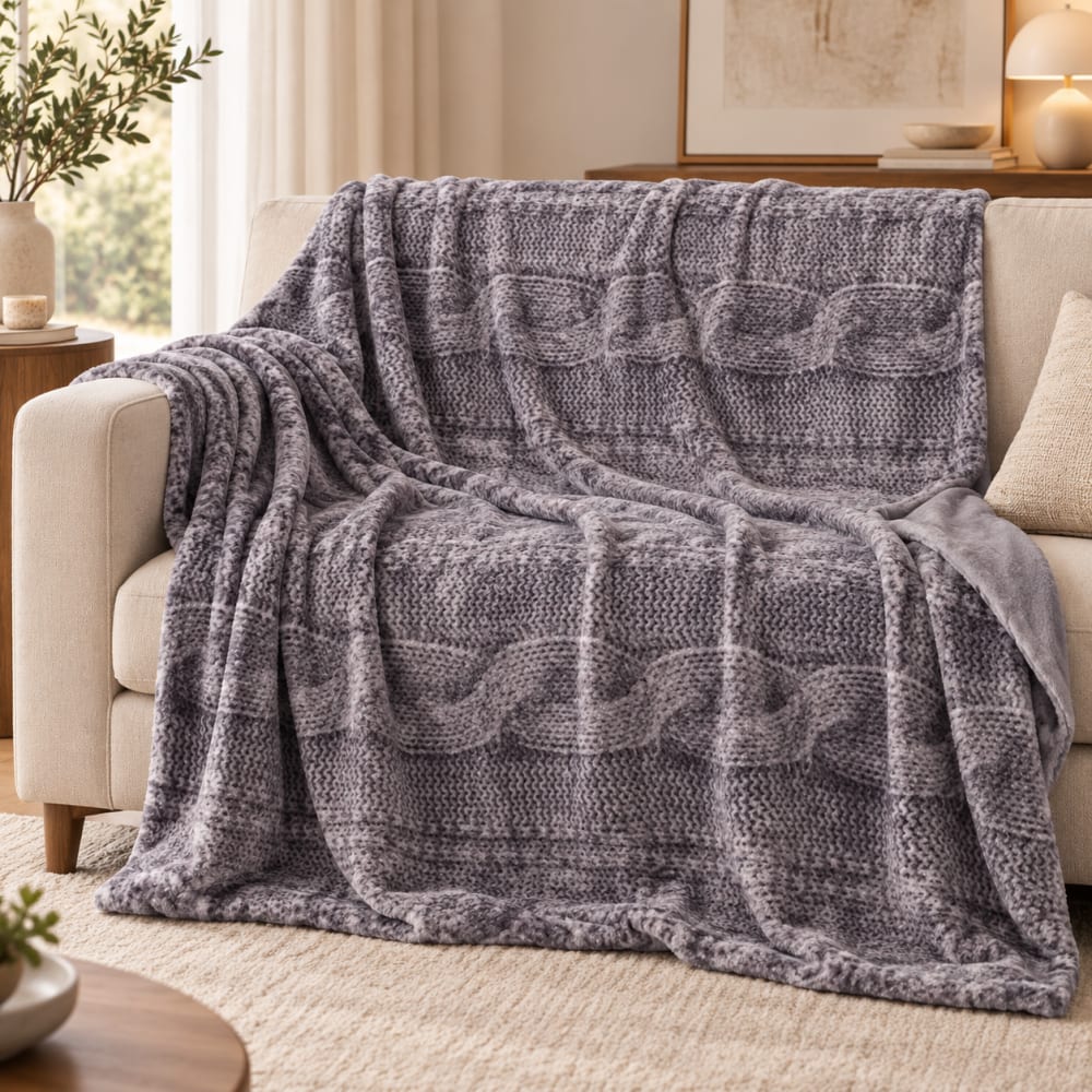 Manta Grande Invierno Coralina Gris Estampado Trenzas 220x220 cm