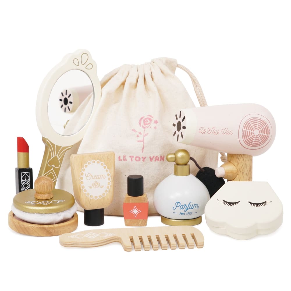 Estuche de belleza de tela con accesorios de madera
