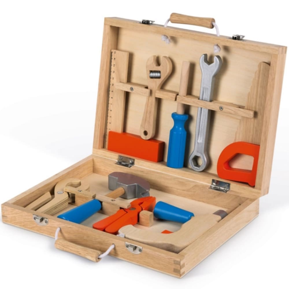 JANOD Holzwerkzeugkasten für kleine Handwerker mit 9-Tools. Ein Holzspielzeug von Janod Marke. Ref. J06481. Beige