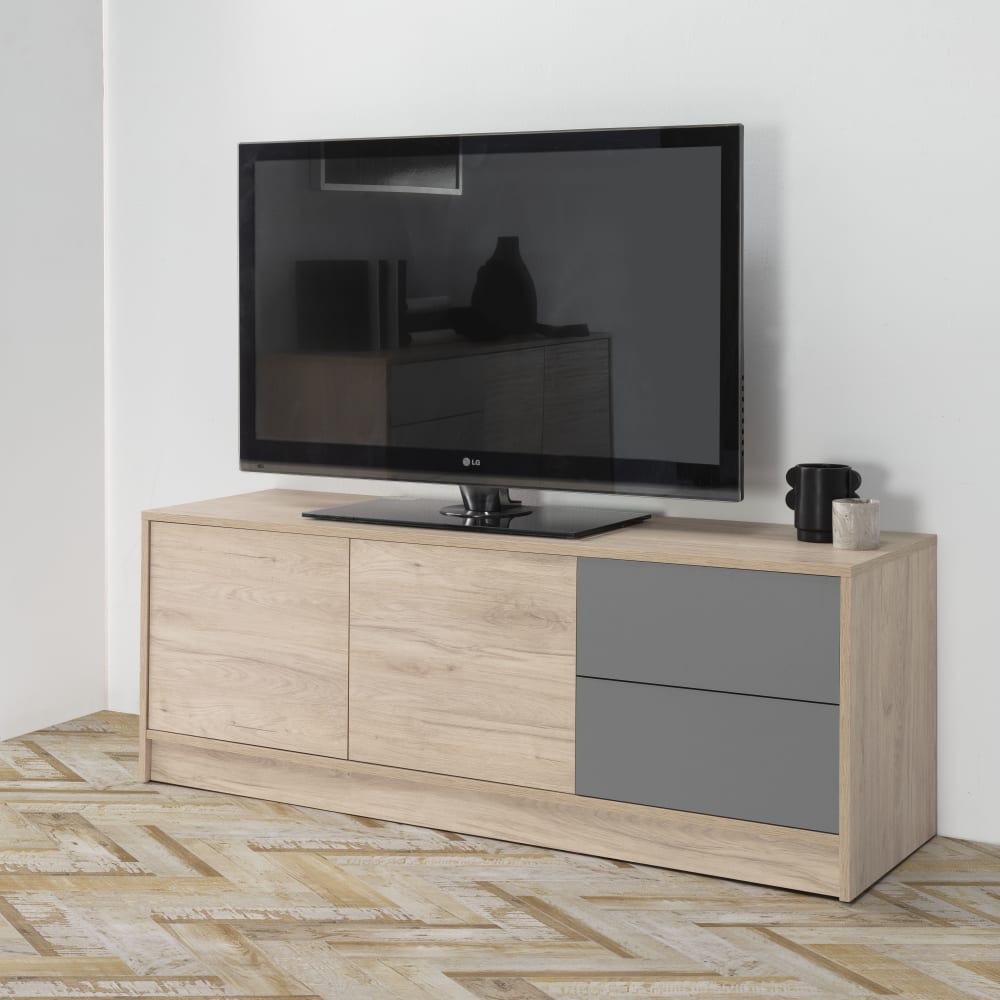 Meuble tv 2 tiroirs, 2 portes, couleur bois et gris, 136 cm longueur