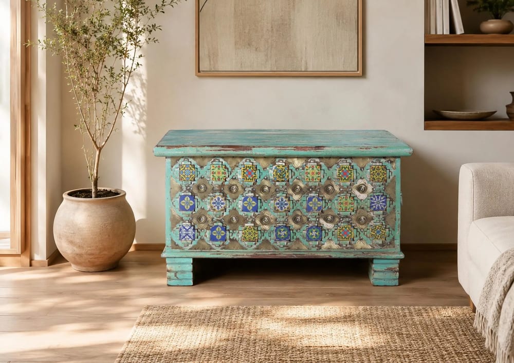 Baúl madera mango con detalles verdes y multicolor - Maisons du Monde