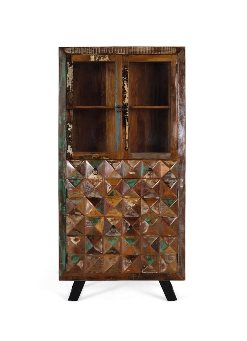 Vitrine en bois recyclé, finition multicolore