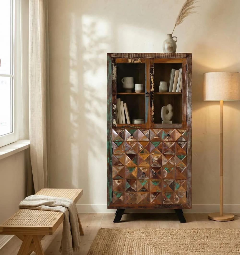 Vitrine en bois recyclé, finition multicolore