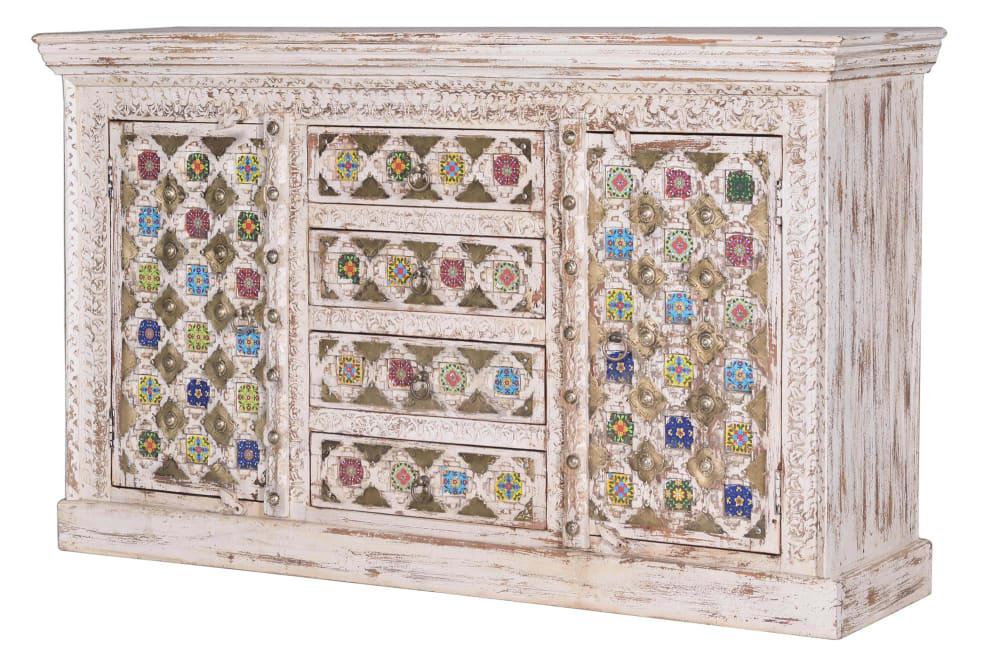 Buffet en bois de manguier avec détails en céramique