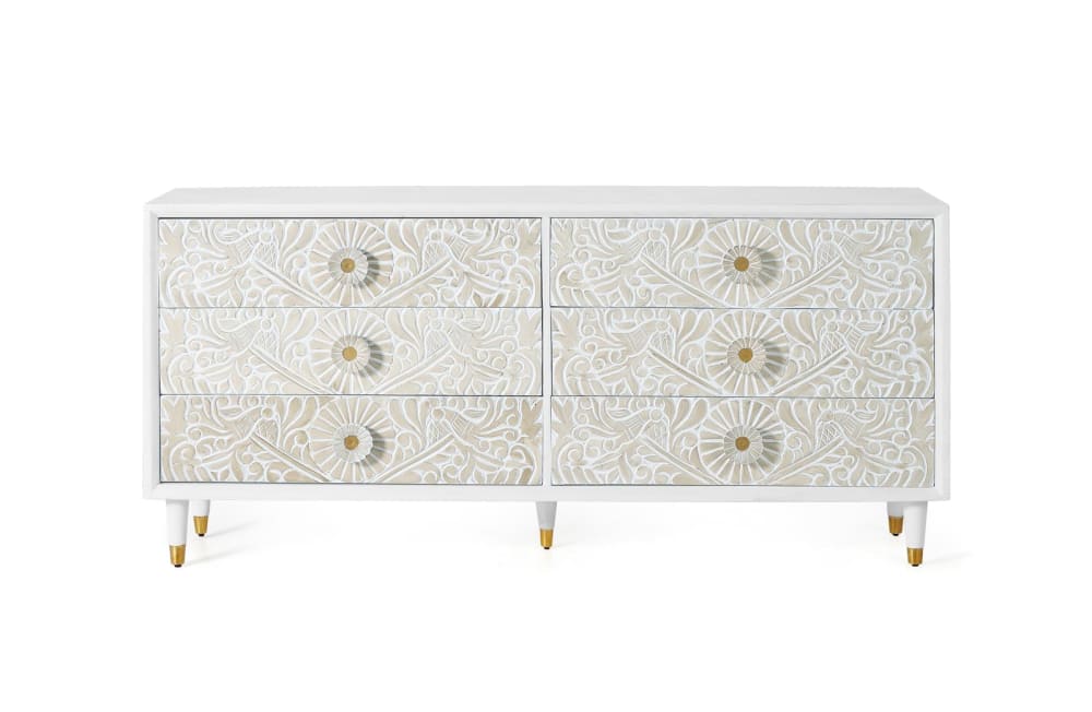 Commode en bois de manguier blanc avec détails dorés