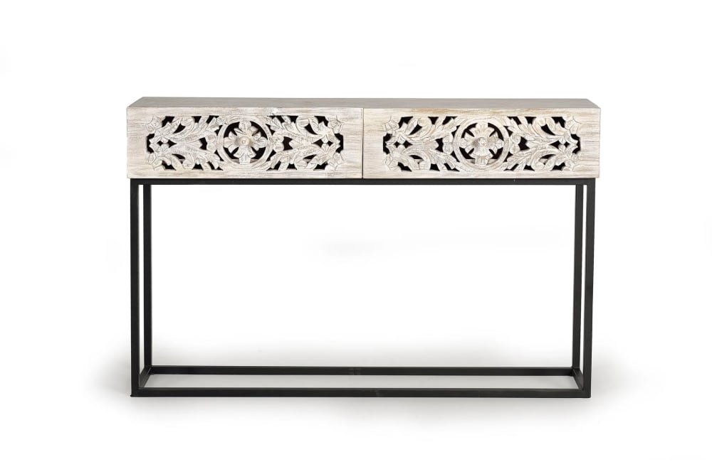 Consola madera mango y patas metal blanco y negro envejecido