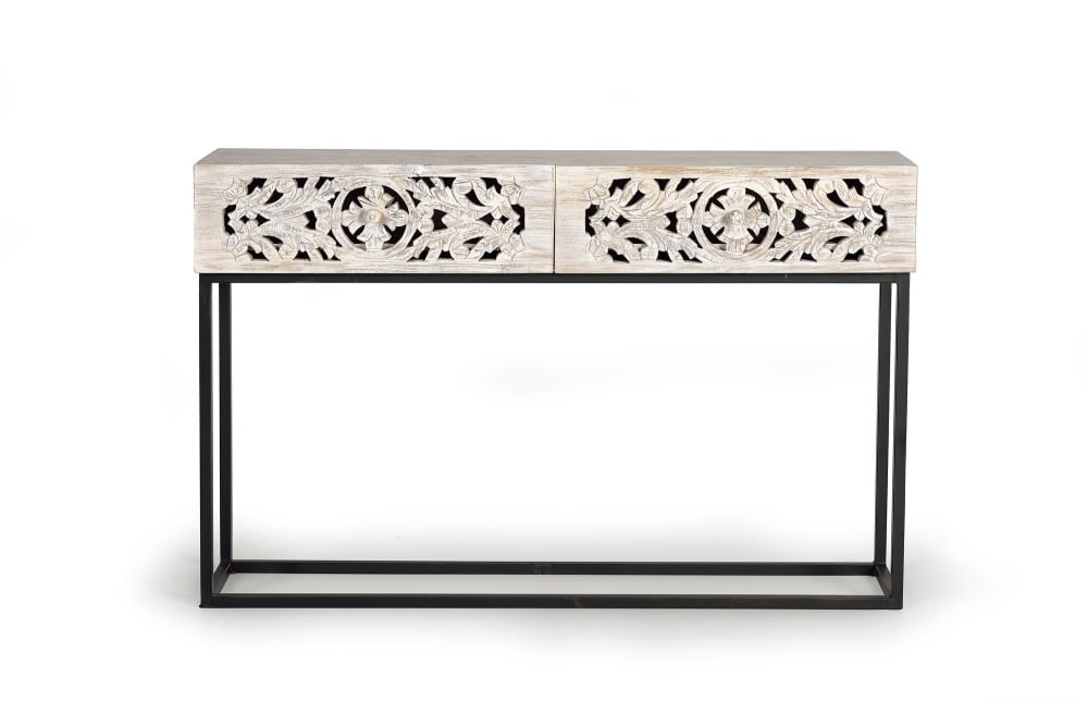 Console en manguier et pieds en métal vieilli noir et blanc