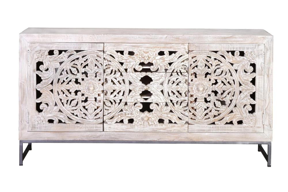 Credenza a 2 ante e 3 cassetti in massello di mango intagliato - Modello In riva al mare - Bianco - LEGNO