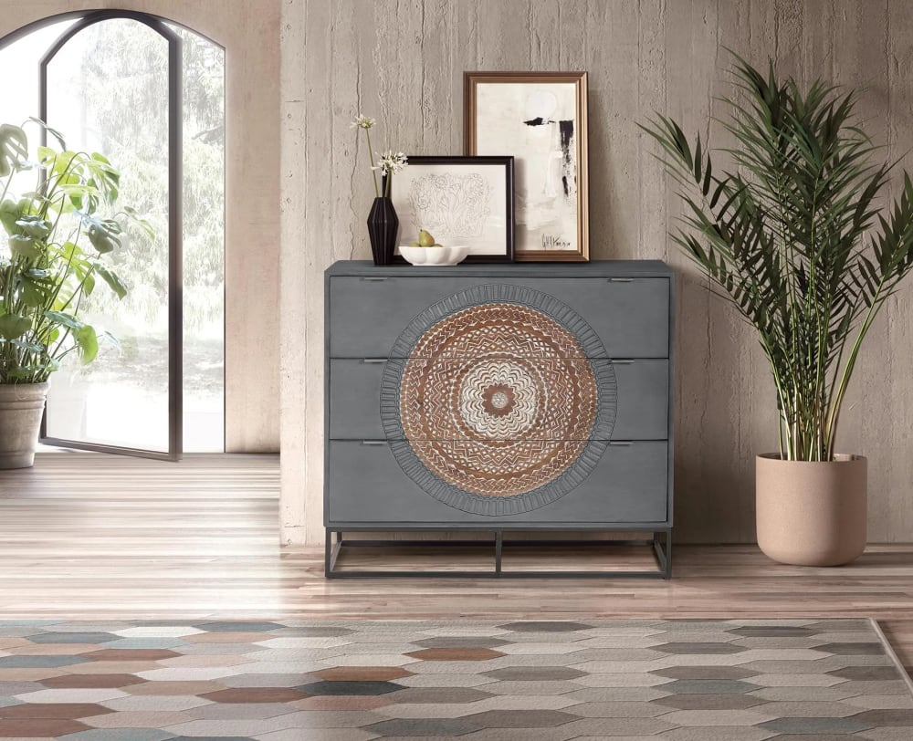 Comodino in legno di mango e gambe in metallo grigio e marrone -