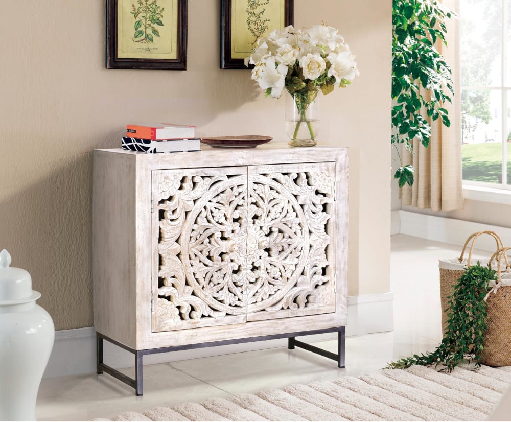 Buffet en manguier pieds en métal blanc et gris vieilli