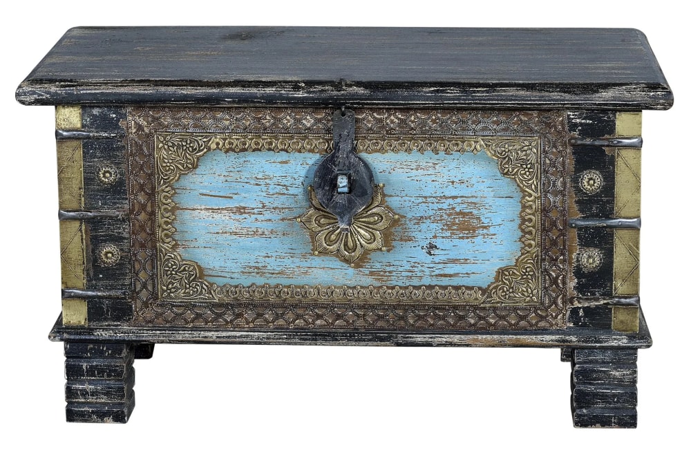 Baúl madera de mango negro envejecido ydetalles en azul