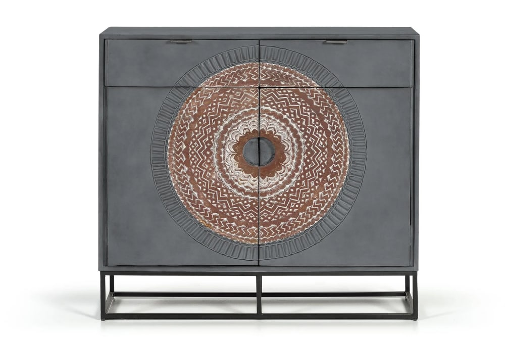 Cómoda madera de mango y patas de metal gris y marron