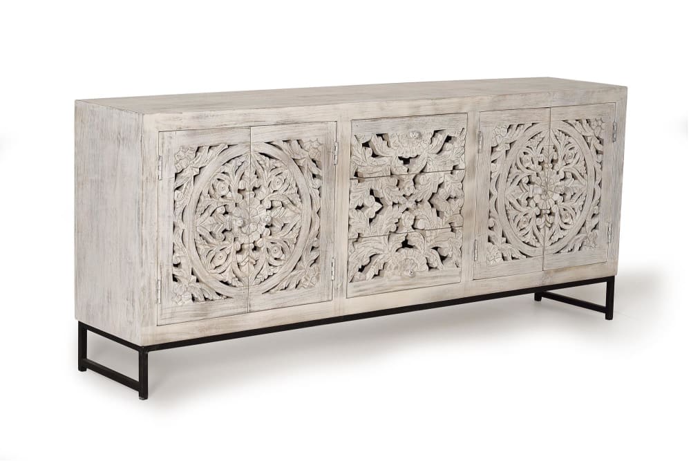 Buffet en manguier et pieds en métal blanc vieilli