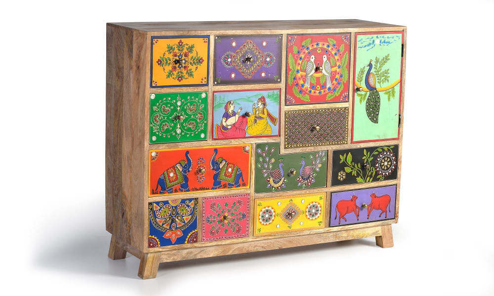 Cómoda madera de mango pintado a mano multicolor