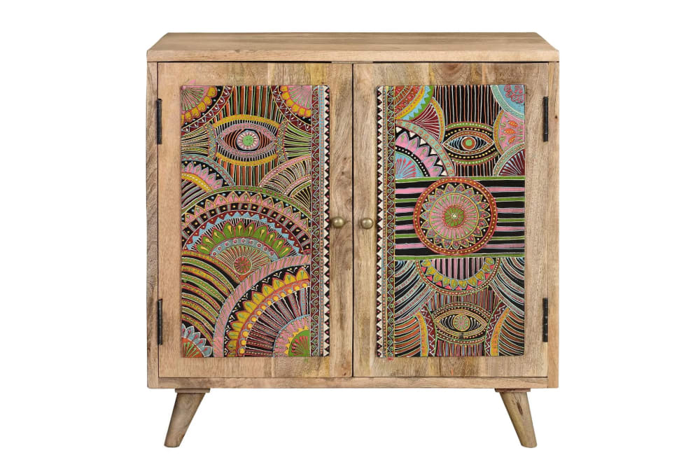 GINER Y COLOMER Kommode mit 2 Türen aus Mangoholz, handbemalte Details. Artikelmaße: 60cm Höhe -60cm Länge - 30cm. Artikelgewicht: 26kg. Mehrfarbig
