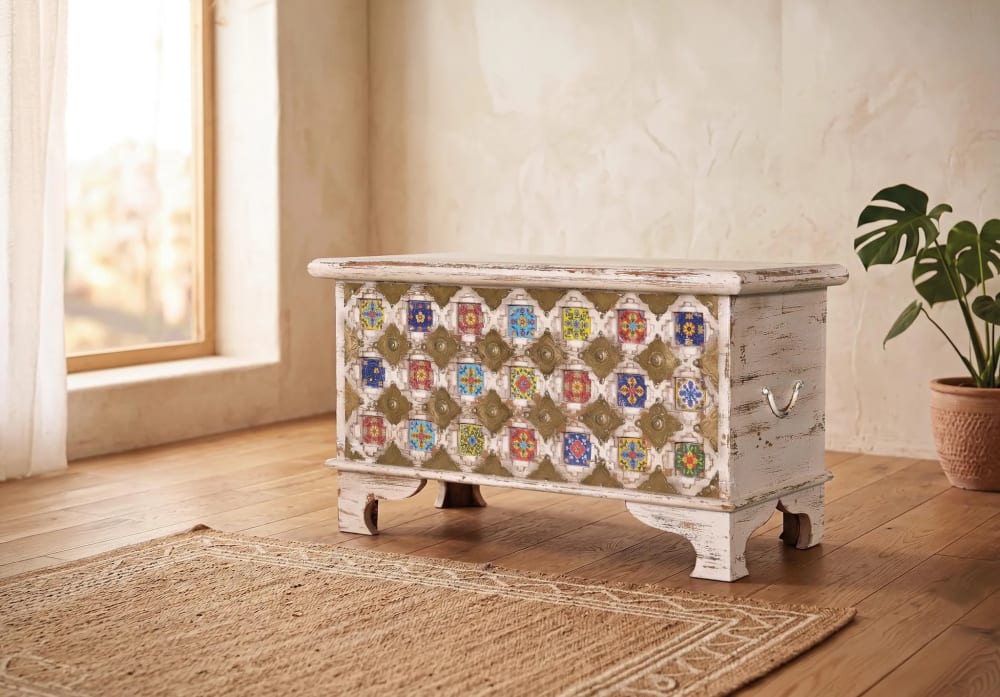 Baúl madera de mango detalles en cerámica y bronce - Maisons du Monde
