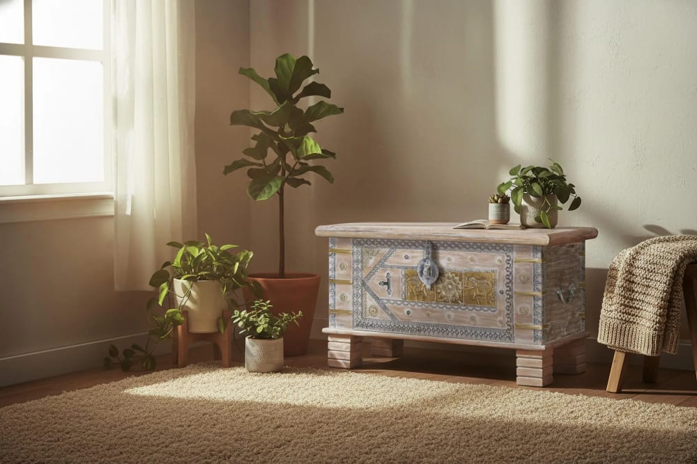 Baúl madera mango en blanco envejecido - Maisons du Monde
