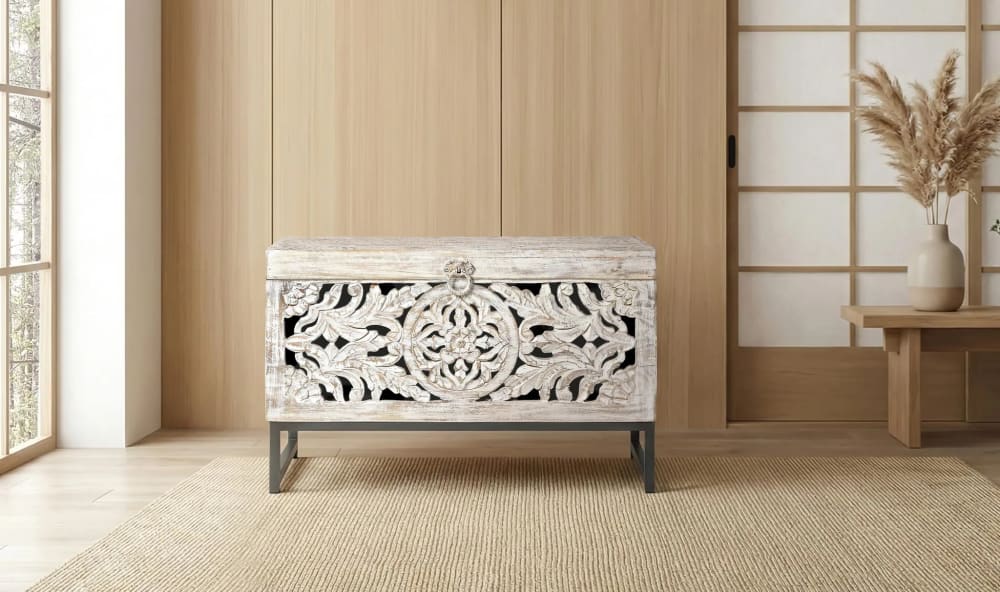 Baúl madera de mango y metal blanco envejecido - Maisons du Monde