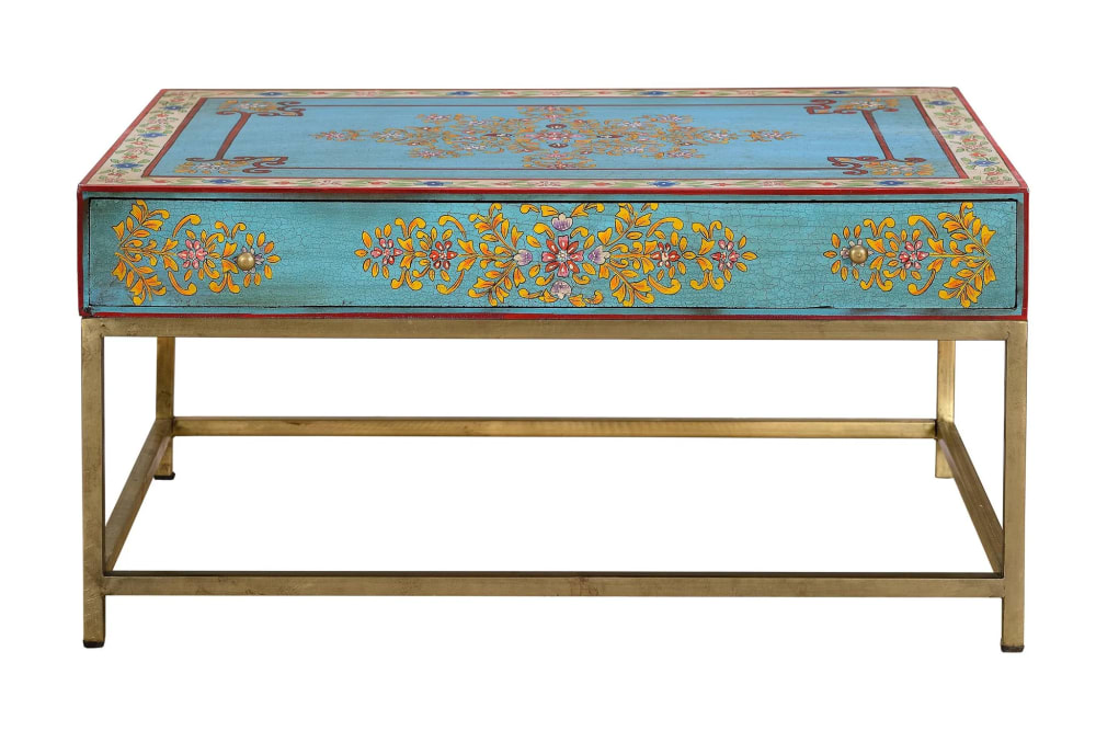 GINER Y COLOMER Couchtisch aus Holzfaser, handbemalt. Goldfarbene Metallfüße. Maße: 46 x 90 x 60 cm. Gewicht: 22 kg. Verpackung: 50 x 94 x 64 cm. Gold