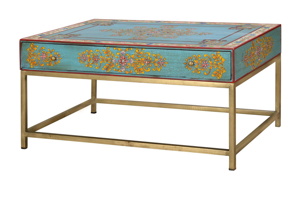 Table basse en manguier et pieds en métal doré et multicolore