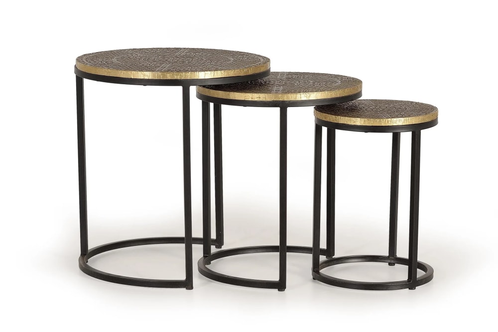 Set de 3 mesas tapa de bronce y base de metal
