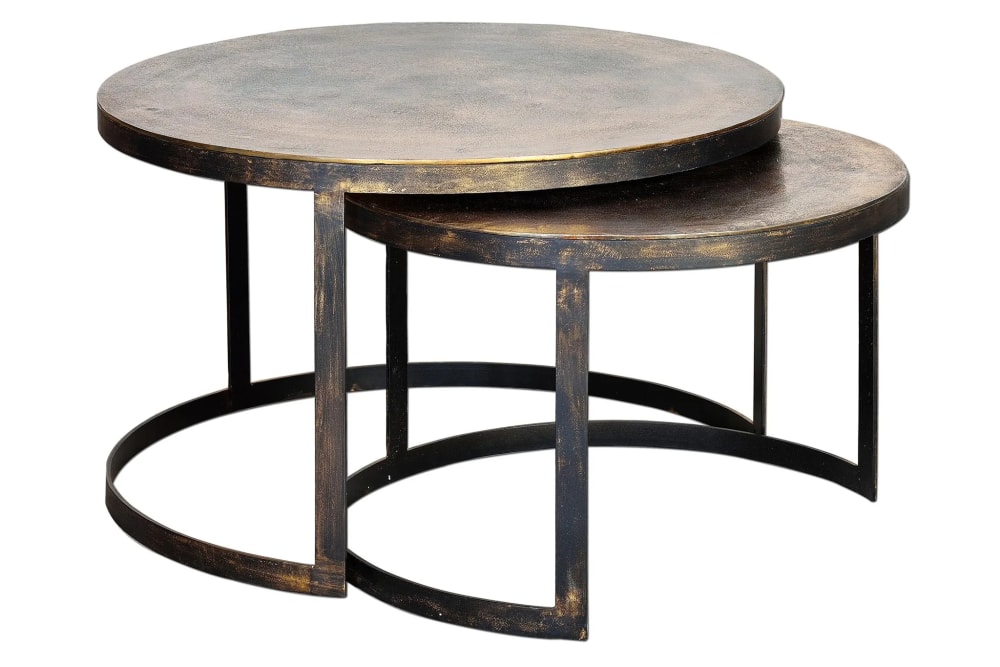 GINER Y COLOMER 2er Set Couchtisch mit Bronzeplatte und goldfarbenem Metallgestell style industrial Schwarz Holz