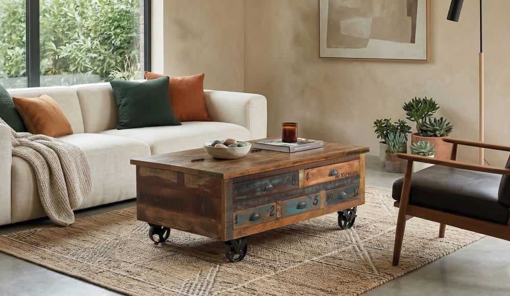 Table basse en bois recyclé et roulettes métal multicolores