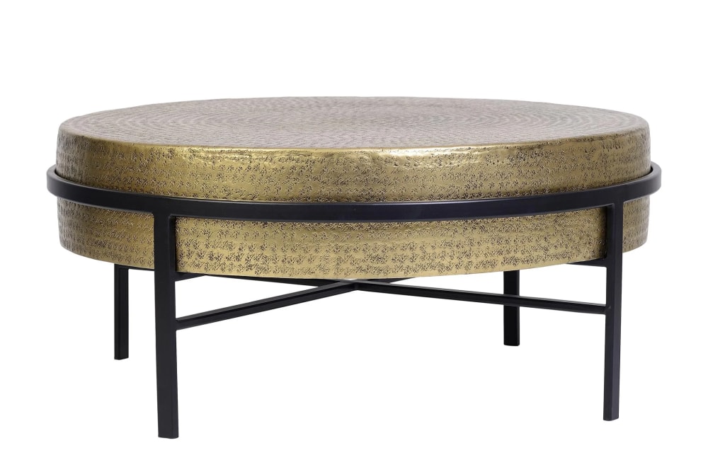 Mesa de café tapa bronce y patas de metal en negro