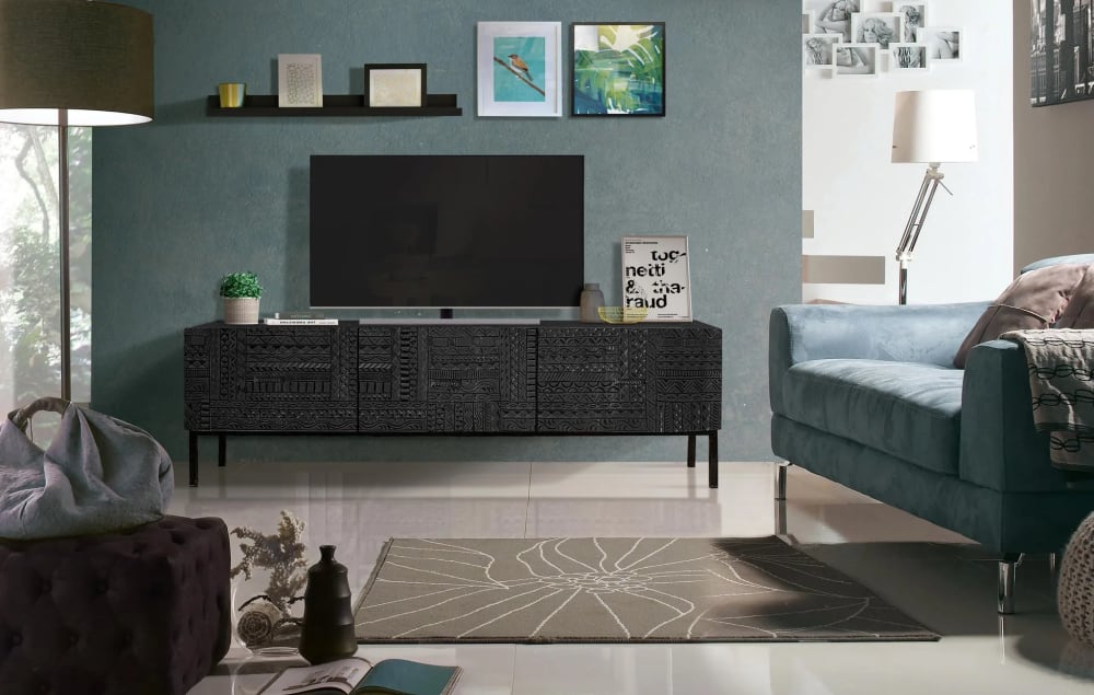 Credenza a 3 ante in massello di mango intagliato e piedi in