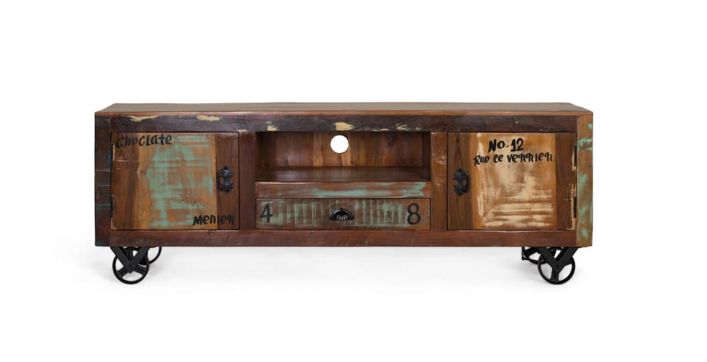 Meuble TV exclusif en bois recyclé multicolore