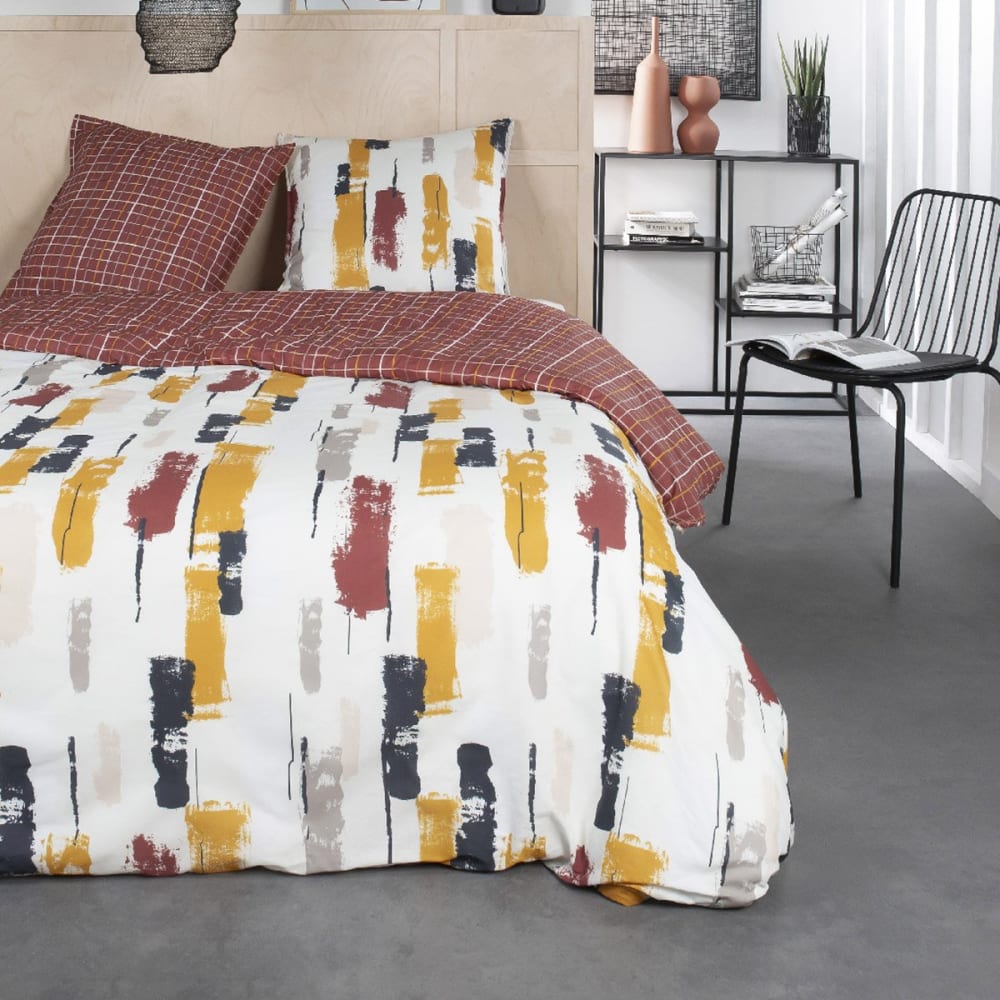 Parure de lit 2 personnes imprimé géométrique coton  240x260 cm Rouge