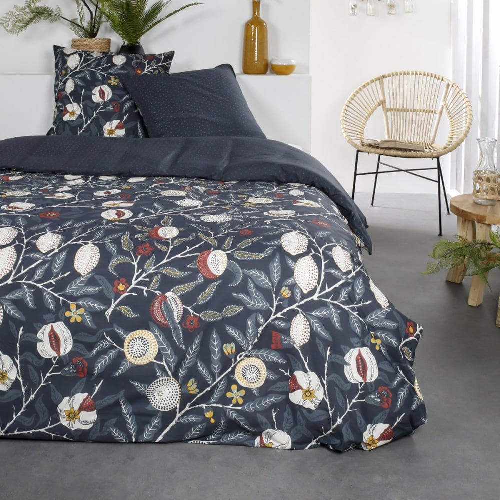 Parure de lit 2 personnes imprimé floral coton 220x240 cm Bleu