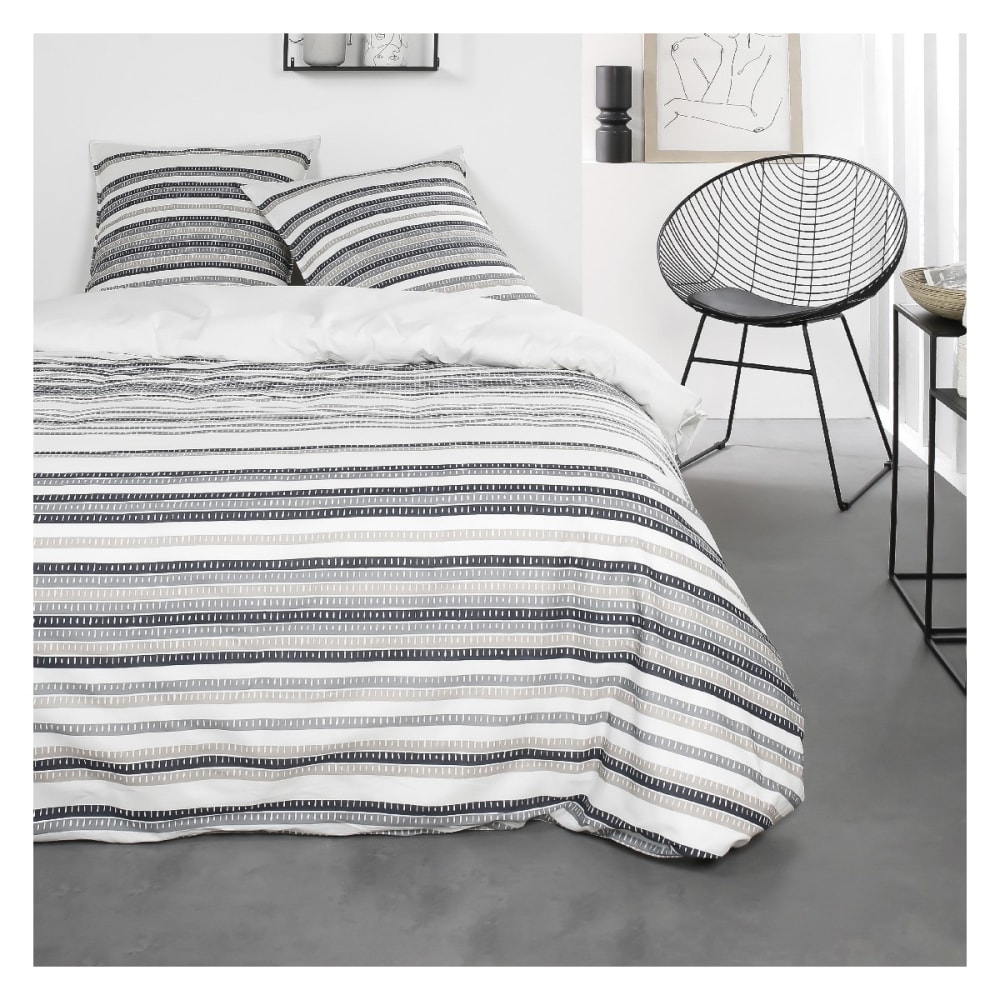 Parure de lit 2 personnes imprimé rayures coton  220x240 cm Blanc