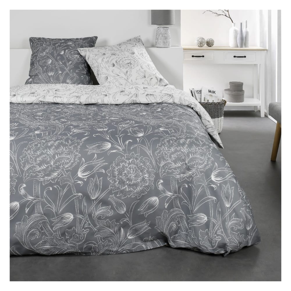 Parure de lit 2 personnes imprimé floral coton  240x260 cm Gris