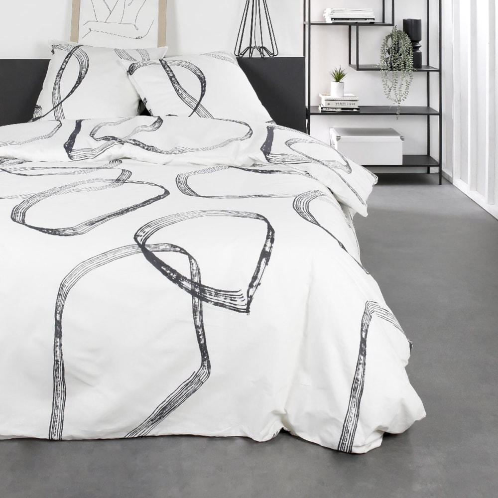 Parure de lit 2 personnes imprimé géométrique coton  240x260 cm Blanc