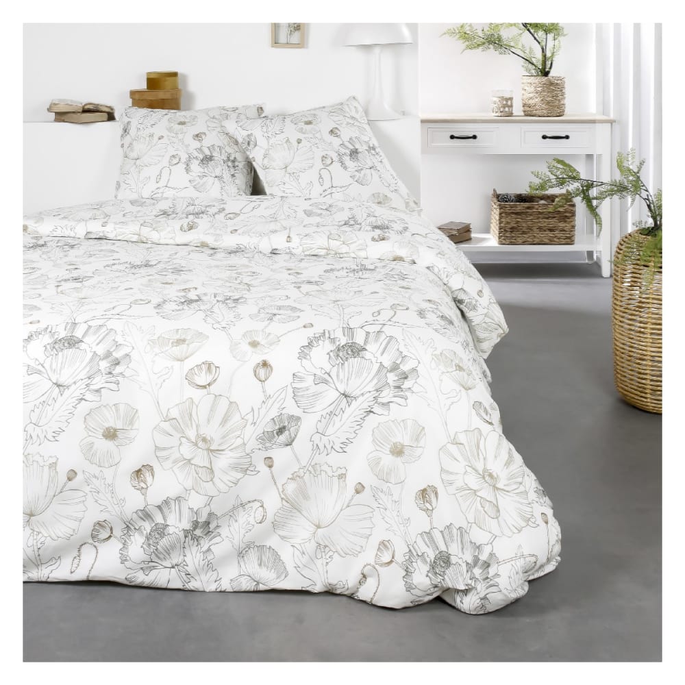 Parure de lit 2 personnes imprimé floral coton  240x260 cm Blanc