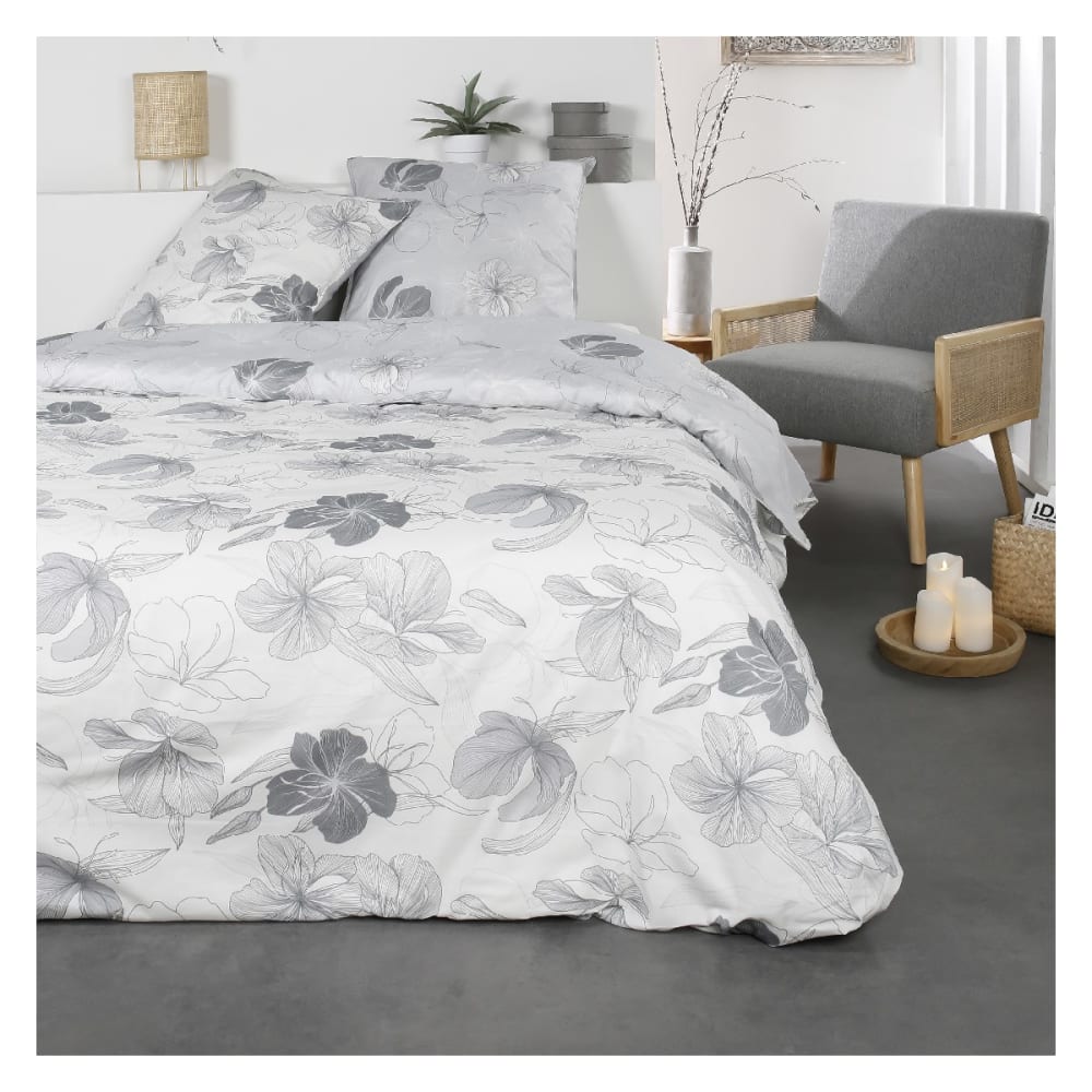Parure de lit 2 personnes imprimé floral coton  240x260 cm Gris