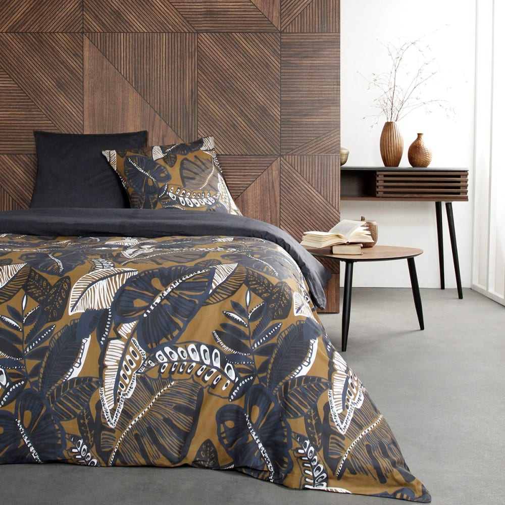 Parure de lit 2 personnes imprimé coton  220x240 cm Bleu anthracite