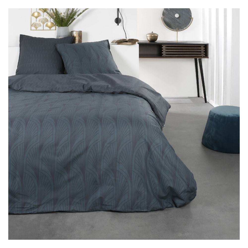 Parure de lit 2 personnes imprimé géométrique coton  220x240 cm Bleu