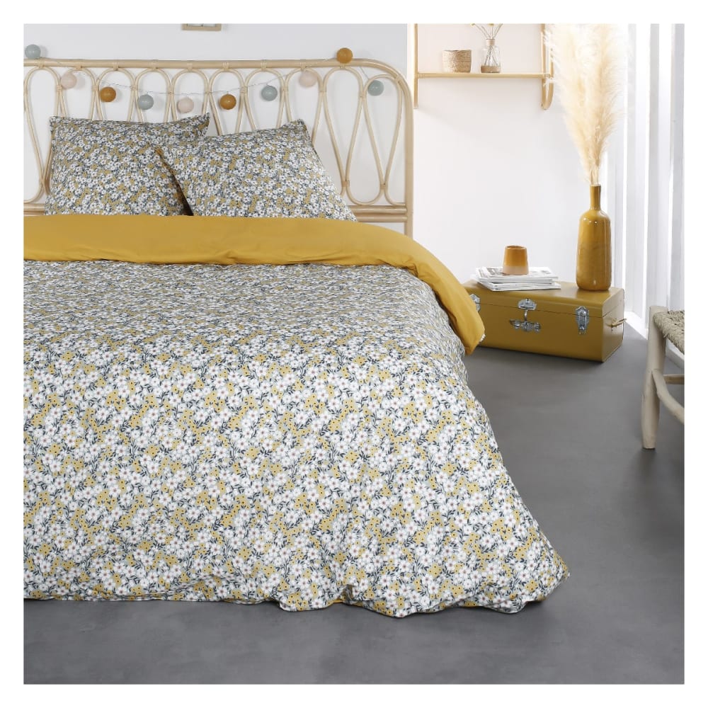 Parure de lit 2 personnes imprimé floral coton  220x240 cm Bleu