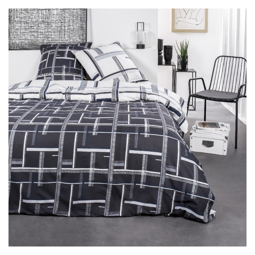 Parure de lit 2 personnes imprimé géométrique coton  220x240 cm Noir