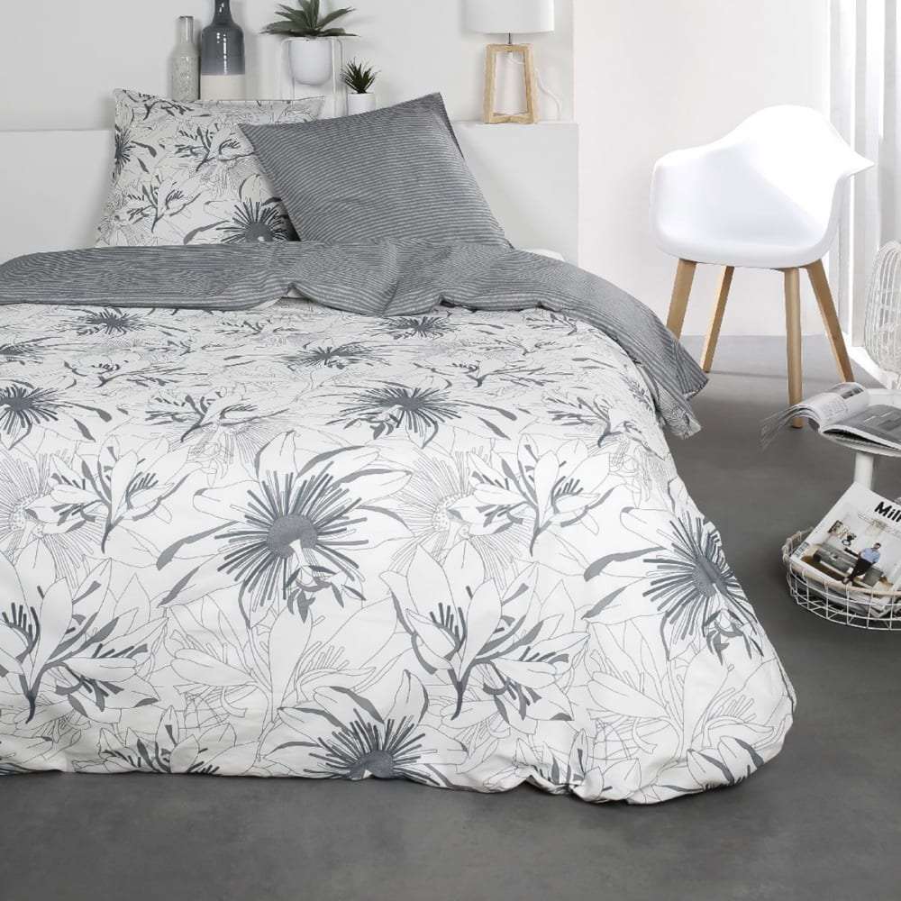 Parure de lit 2 personnes imprimé floral coton  220x240 cm Blanc