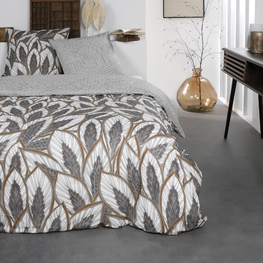 Parure de lit 2 personnes imprimé floral coton  220x240 cm Marron