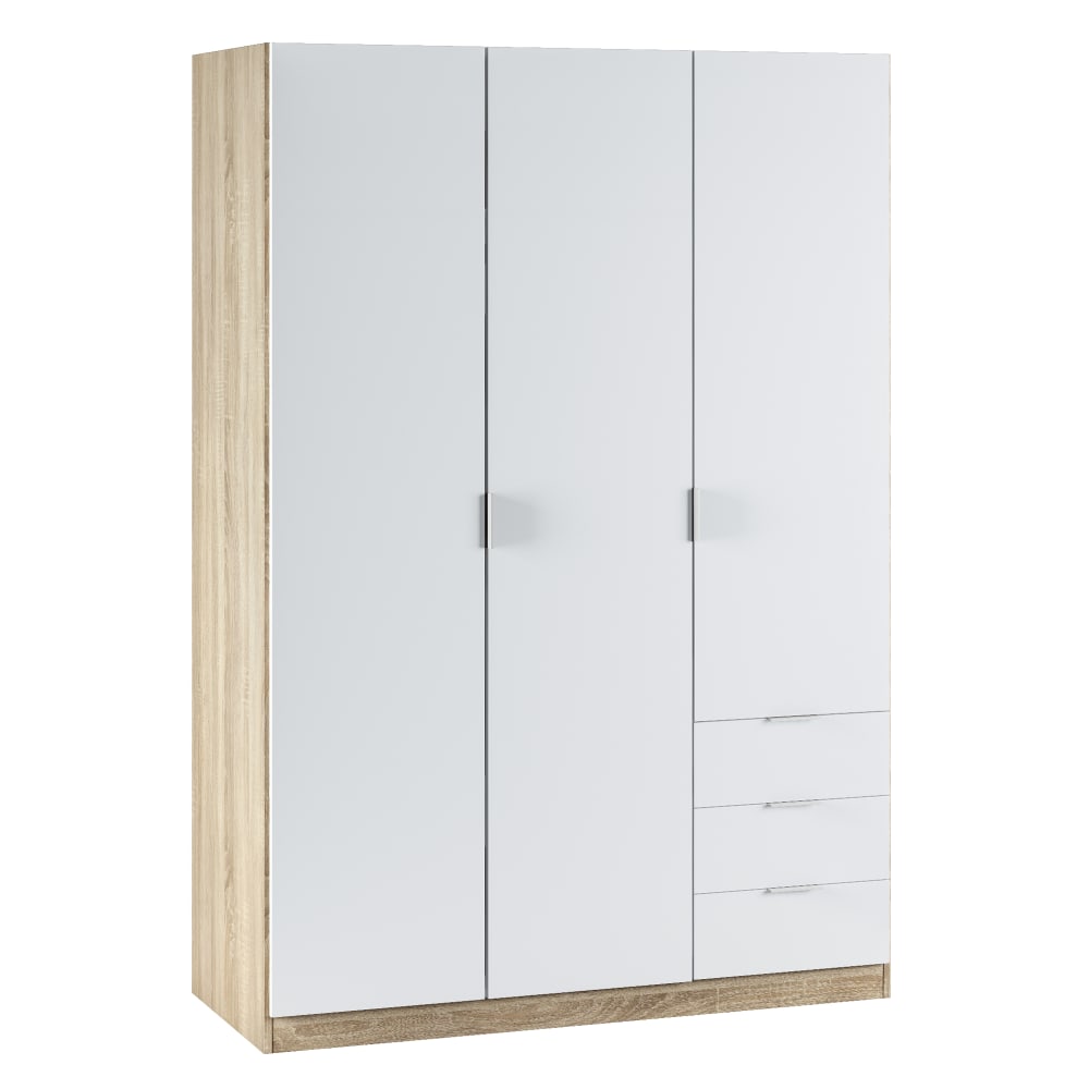 Armario ropero 3 puertas y 3 cajones color roble/blanco, 121 cm ancho