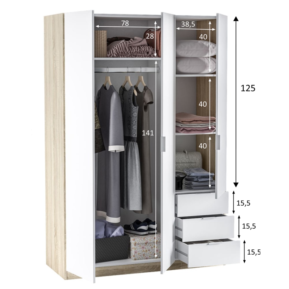 Armario ropero 3 puertas y 3 cajones color roble/blanco, 121 cm ancho - Maisons du Monde