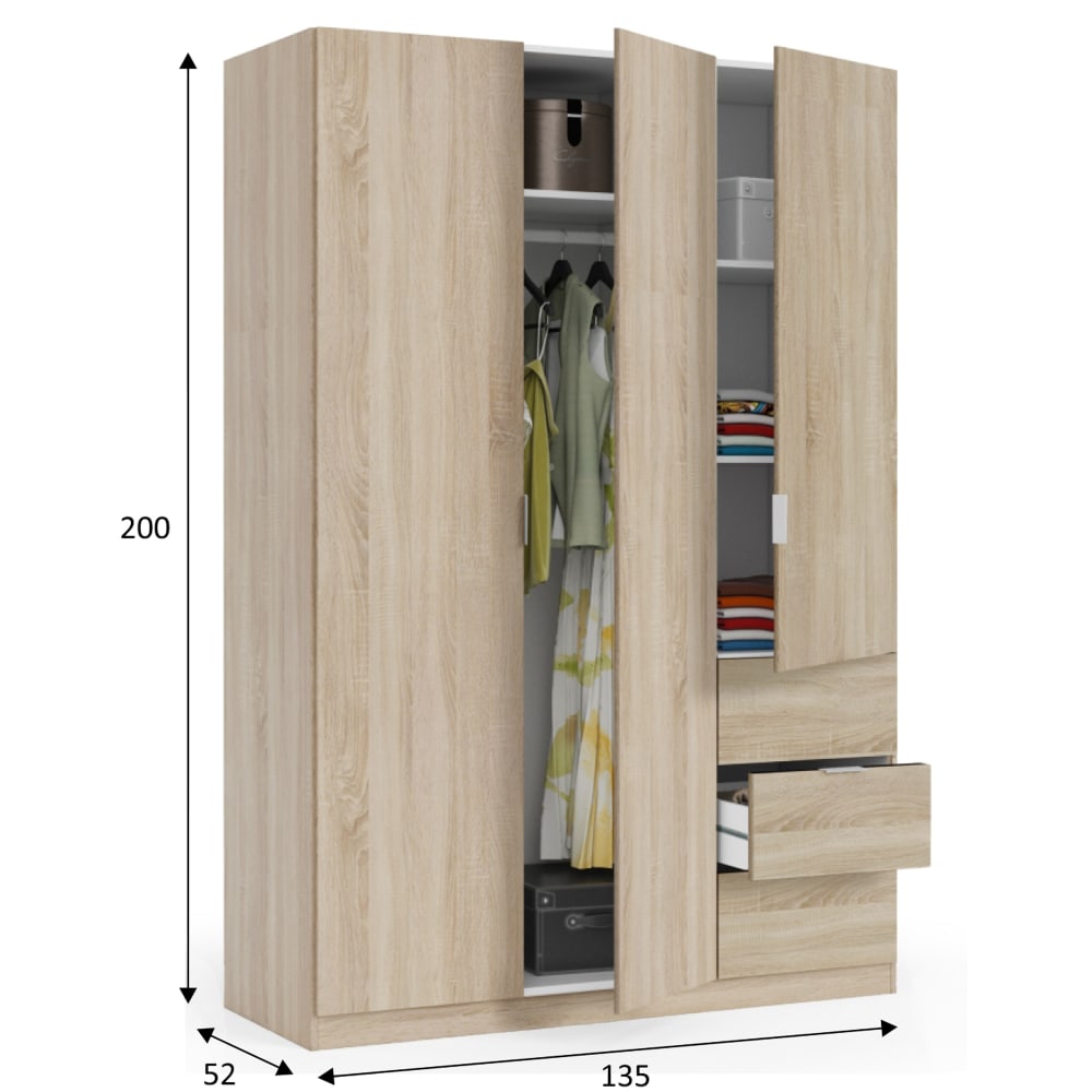 Armario ropero 3 puertas y 3 cajones color roble, 135 cm ancho - Maisons du Monde