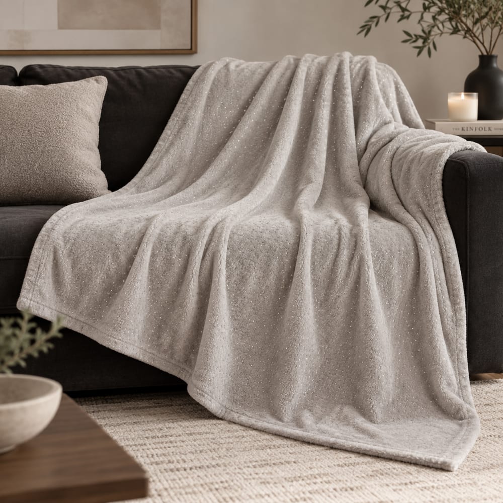 Manta grande polar invierno coralina gris gotas plateadas 220x160 cm
