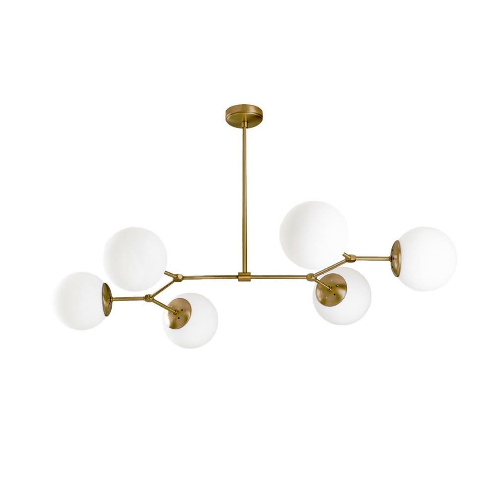 Plafonnier doré 6 lumières avec abat-jour en verre opale